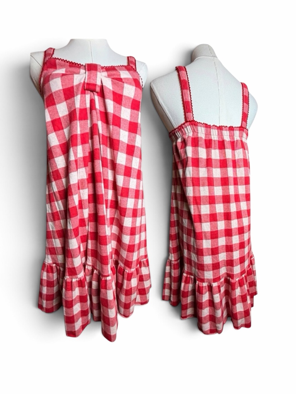 Emily Temple Cute Gingham Bow Babydoll Mini Dress Red Cream Size M
